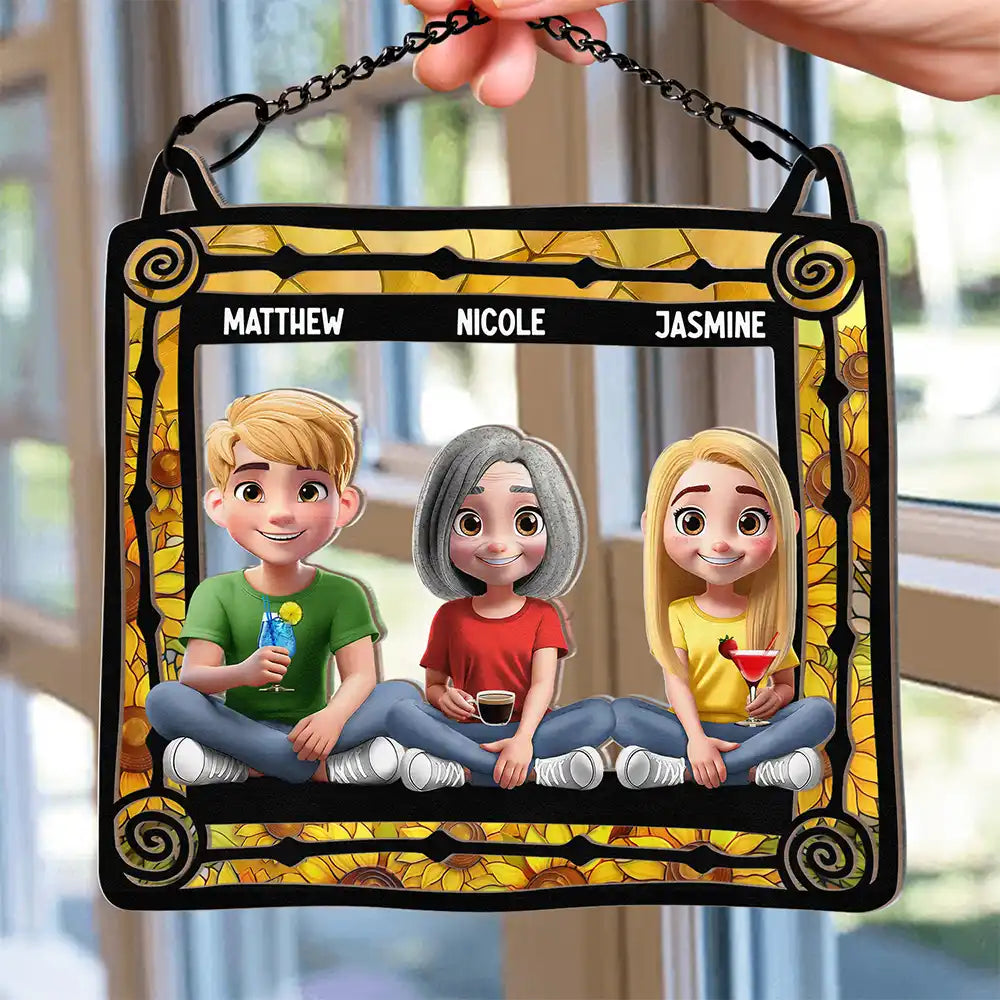 Gift For Mother, Mom - Children, Happy - Mom & Children Sitting Window 3D Effect - Personalized Window Hanging Suncatcher Ornament