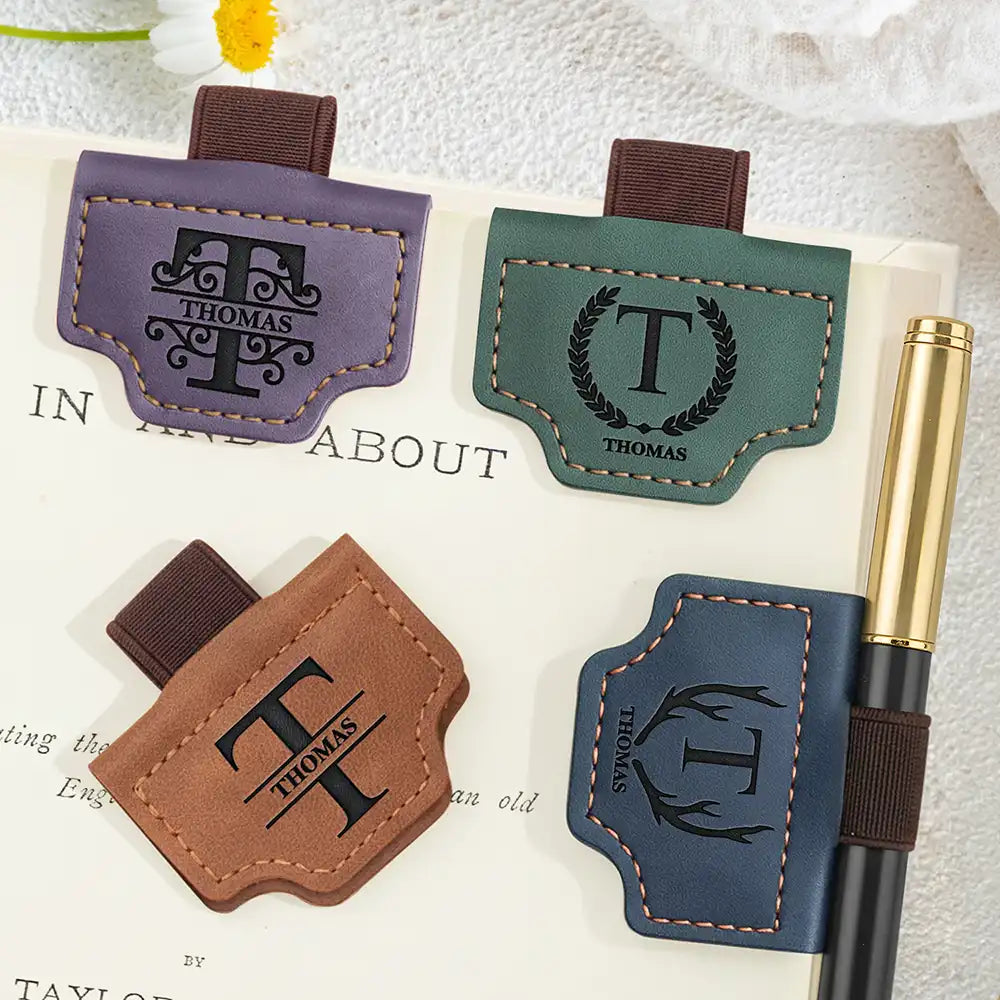 Monogram Name Simple Keepsake - Personalized Engraved Magnetic Leather Pen Clip