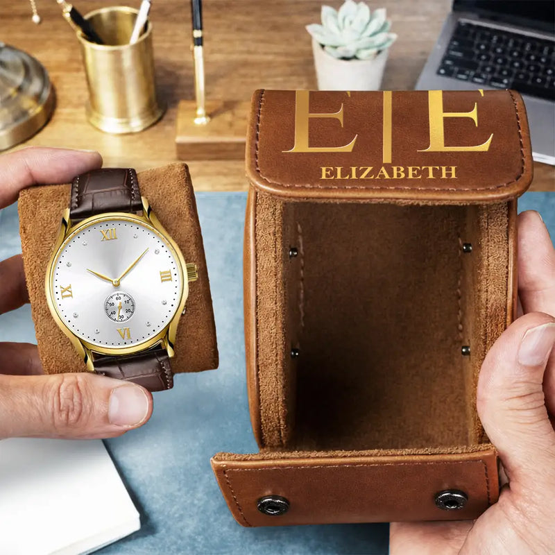 Gift For Husband,Gift For Boyfriend,Gift For Men,Happy - Monogram Name Simple Keepsake - Personalized Leather Watch Case