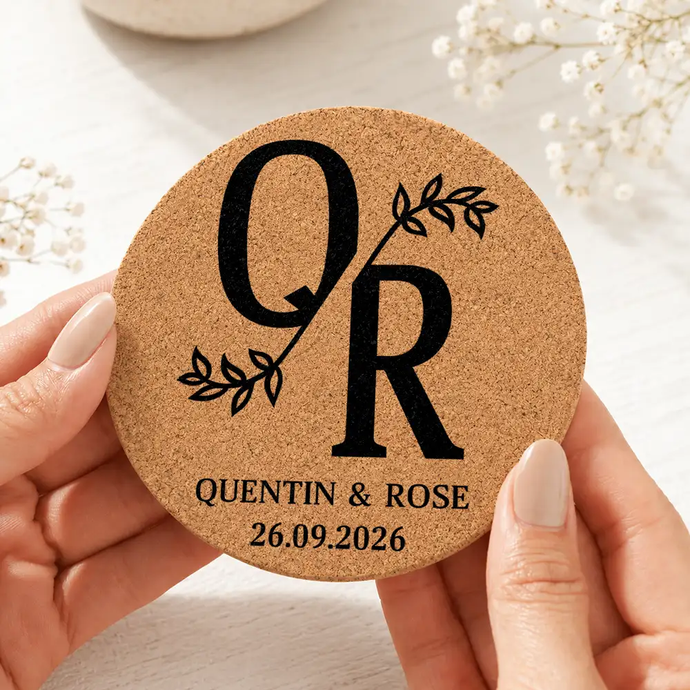 Romantic,Gift For Couples,Wedding,Monogram - Monogram Wedding Couple Name - Personalized Cork Coaster