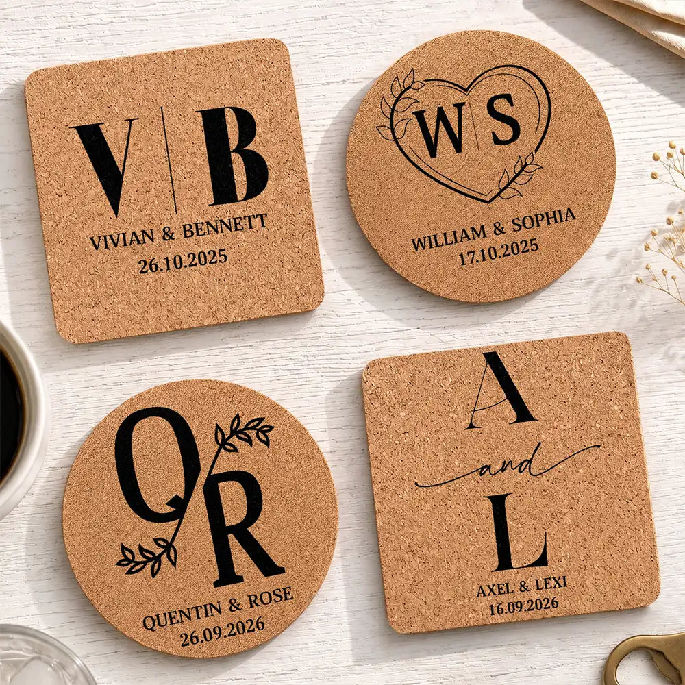 Romantic,Gift For Couples,Wedding,Monogram - Monogram Wedding Couple Name - Personalized Cork Coaster