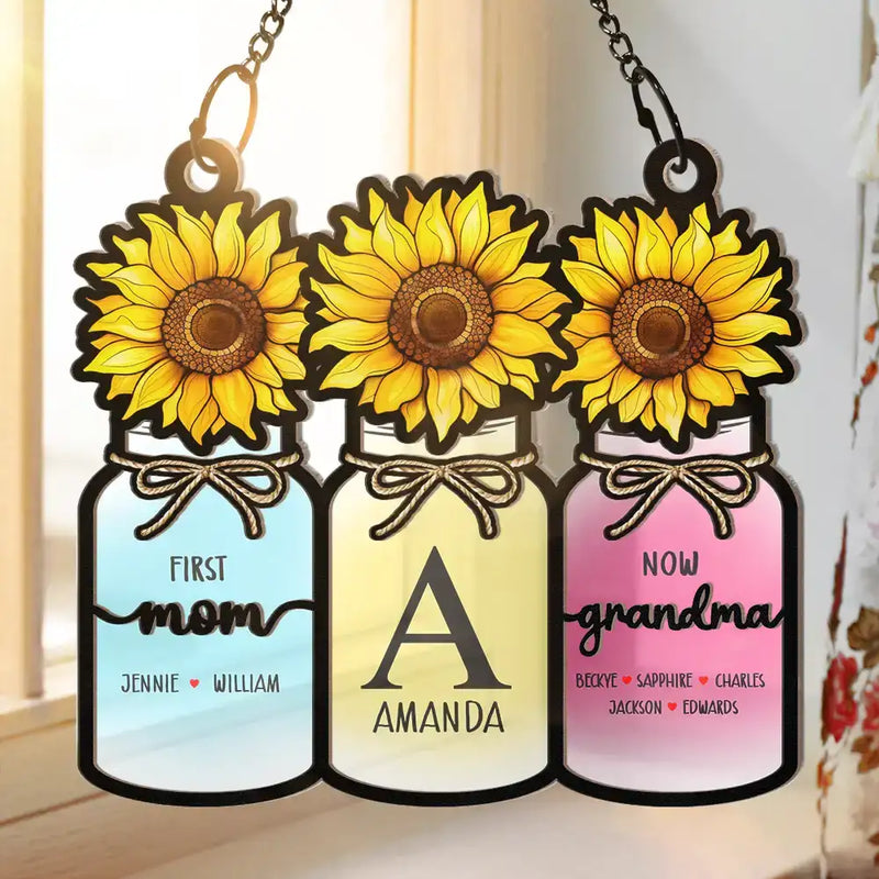 Monogram Flower Jar First Mom Now Grandma - Personalized Window Hanging Suncatcher Ornament