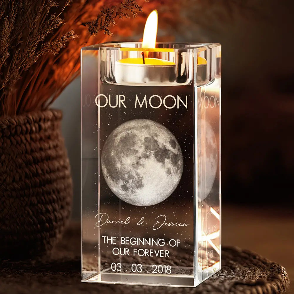 Moon Phase The Beginning Of Our Forever - Personalized Crystal Candle Holder