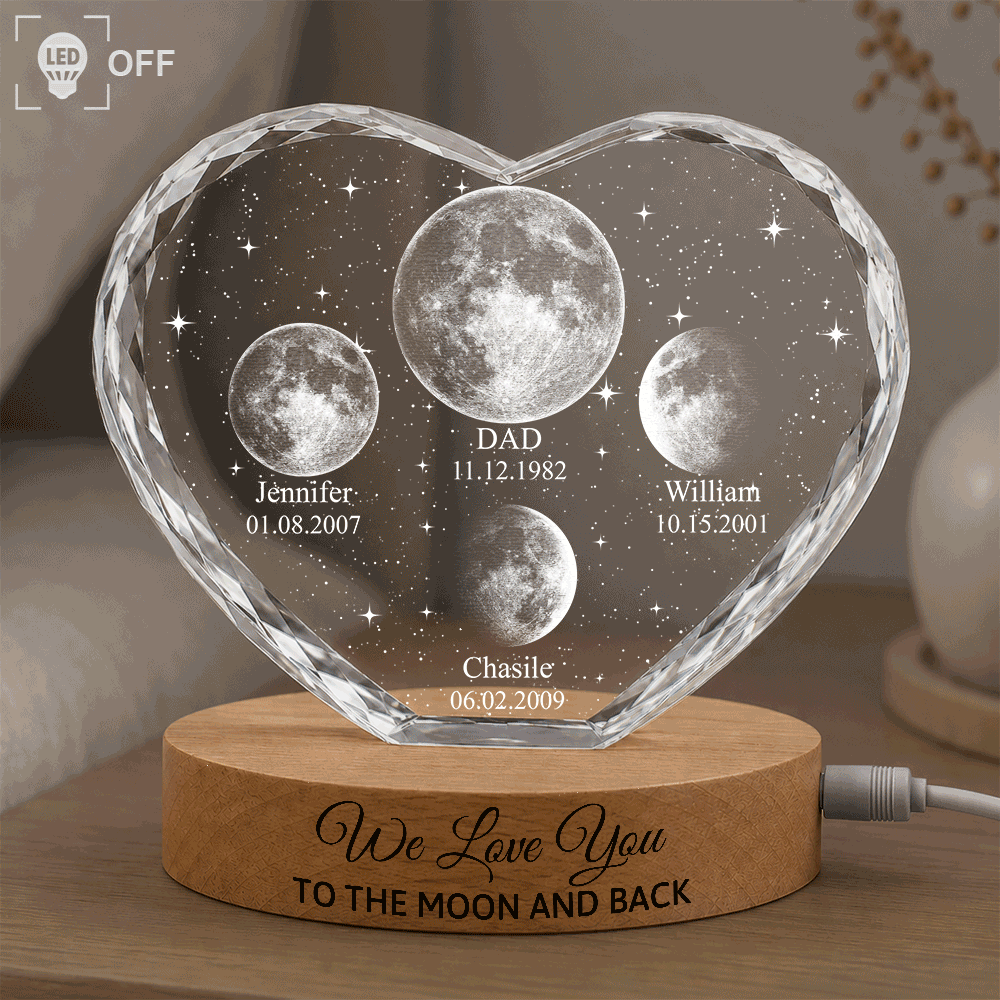 Gift For Mother,Gift For Grandma,Gift For Father,Gift For Grandpa,Love,Moon Phase - Moon Phase We Love You To The Moon And Back - Personalized Crystal Heart Shaped Lamp