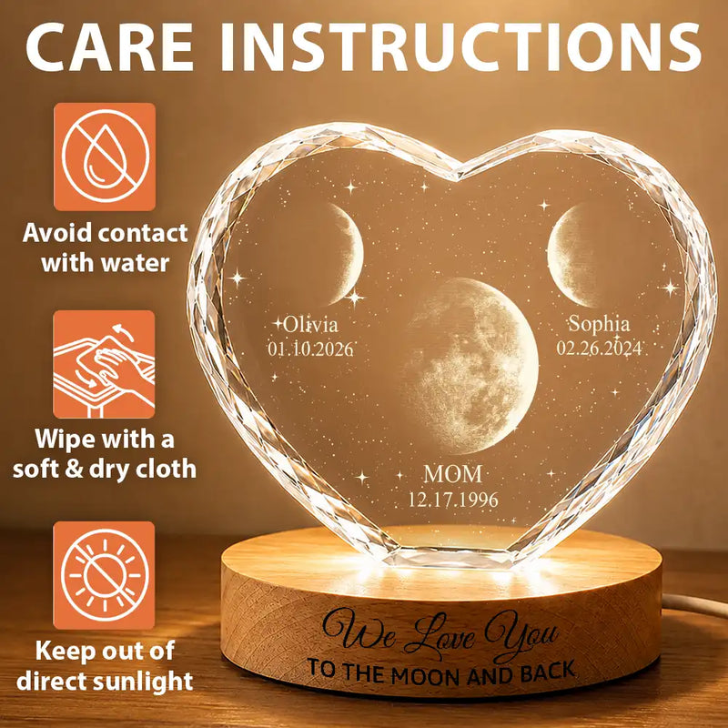 Gift For Mother,Gift For Grandma,Gift For Father,Gift For Grandpa,Love,Moon Phase - Moon Phase We Love You To The Moon And Back - Personalized Crystal Heart Shaped Lamp