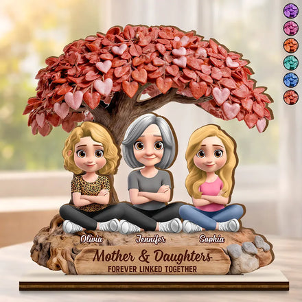 Mother And Daughters Forever Linked Together Under Heart Tree - Personalized Custom Shaped Wooden Plaque