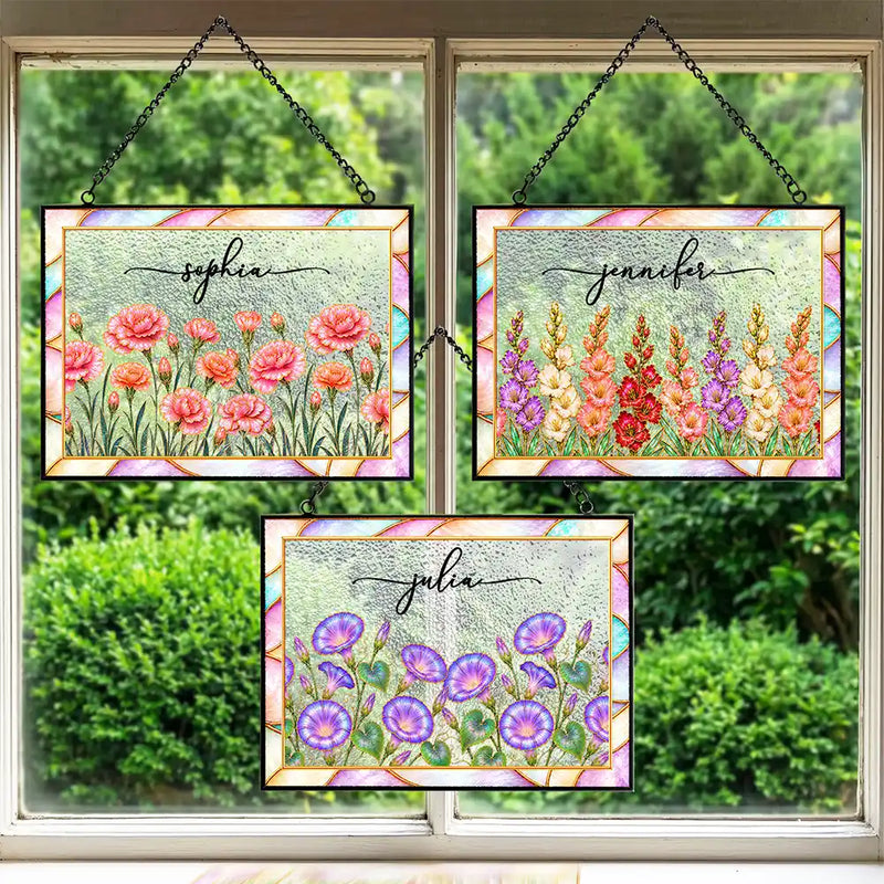 Gift For Yourself, Gift For Women, Summer, Cozy, Icon, Special Font - Mother Of Pearl Birth Flower Blooming In Love - Personalized Horizontal Stained Glass Suncatcher
