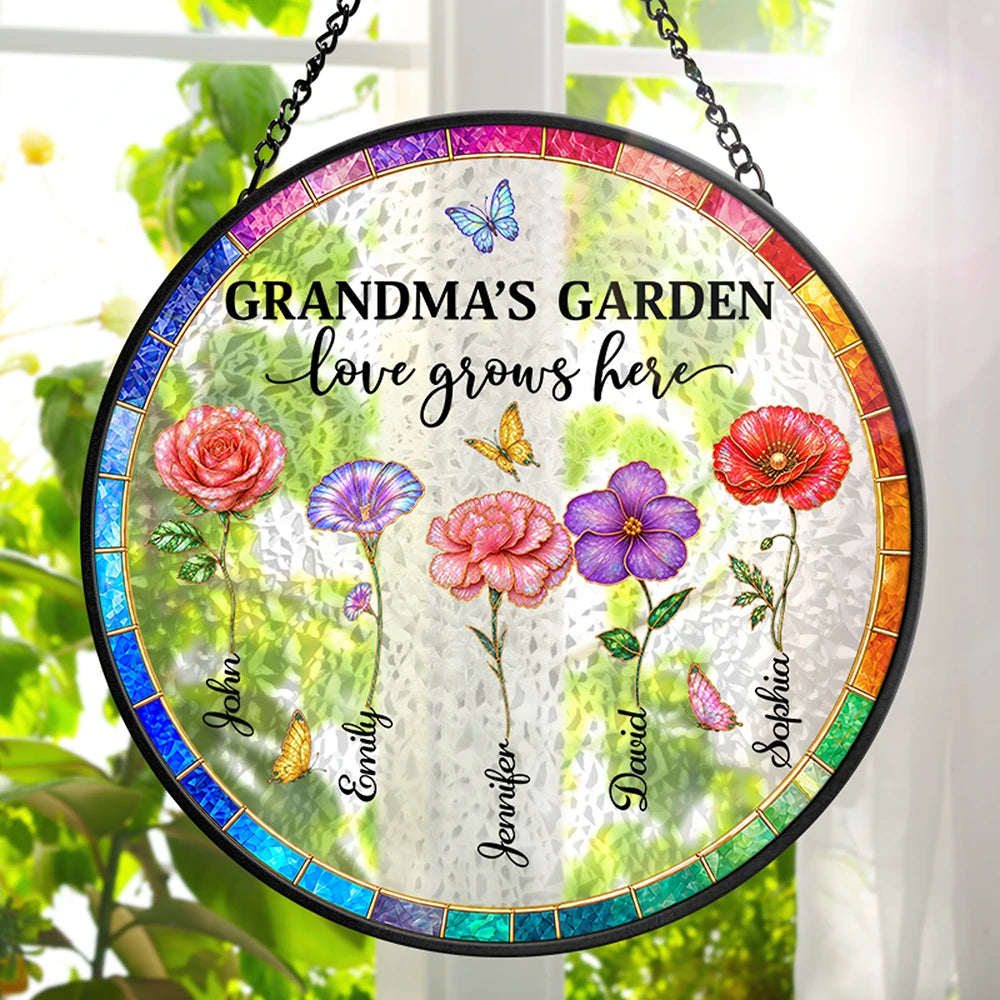 Gift For Grandma, Summer, Grateful, Icon - Mother Of Pearl Birth Flower Grandma's Garden - Personalized Stained Glass Window Hanging Suncatcher