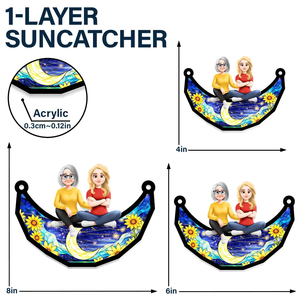 Mother And Children Sitting On The Moon 3D Effect - Personalized Window Hanging Suncatcher Ornament