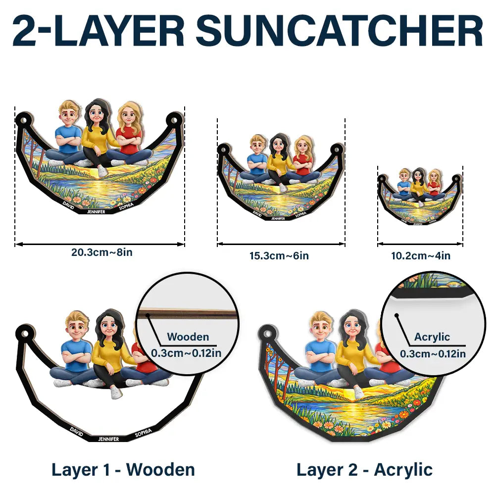 Mother And Children Sitting On The Moon 3D Effect - Personalized Window Hanging Suncatcher Ornament