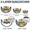 Mother And Children Sitting On The Moon 3D Effect - Personalized Window Hanging Suncatcher Ornament