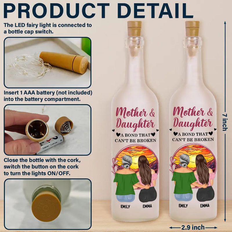 Gift For Mother, Mom - Daughters (Adult), Happy - Mother & Daughters A Bond That Can't Be Broken Background - Personalized Bottle Light