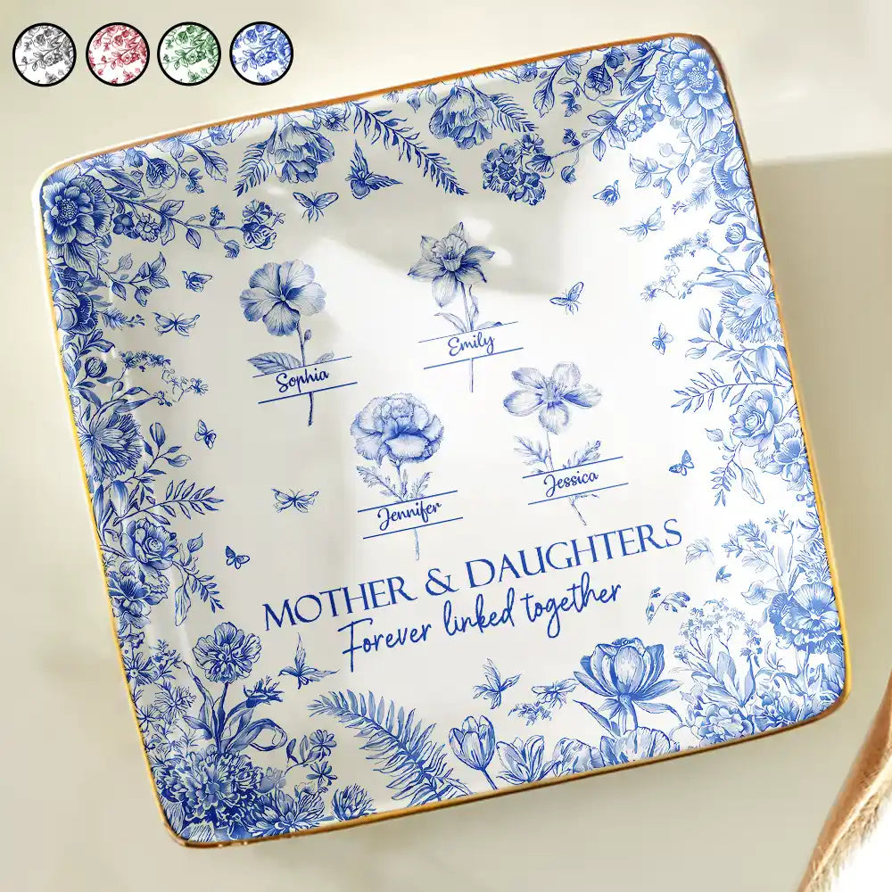 Mother & Daughters Forever Linked Together Toile Birth Month Flower - Personalized Ring Dish