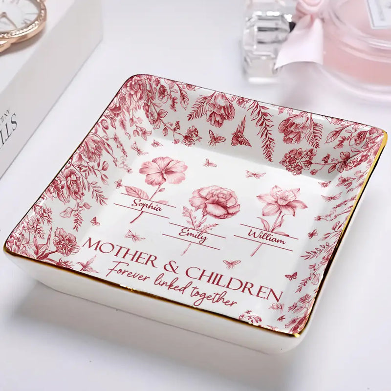 Gift For Mother, Mom - Daughters (Adult), Happy - Mother & Daughters Forever Linked Together Toile Birth Month Flower - Personalized Ring Dish