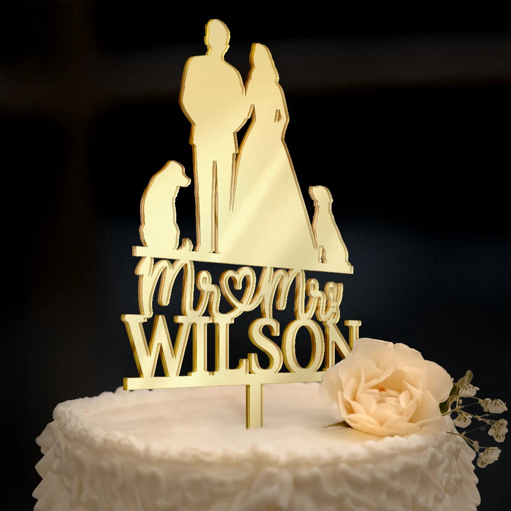 Wedding Anniversary, Pet Lovers, Pet Couple, Happy - Mr & Mrs Pet Couple Wedding - Personalized Cake Topper