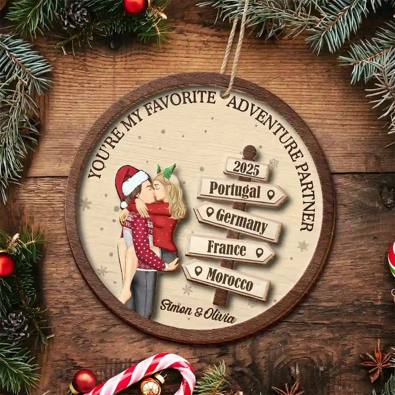 Christmas,Travel,Gift For Couples,Gift For Husband,Gift For Wife,Gift For Boyfriend,Gift For Girlfriend,Happy - My Favorite Adventure Partner Couple - Personalized 2-Layered Wooden Ornament