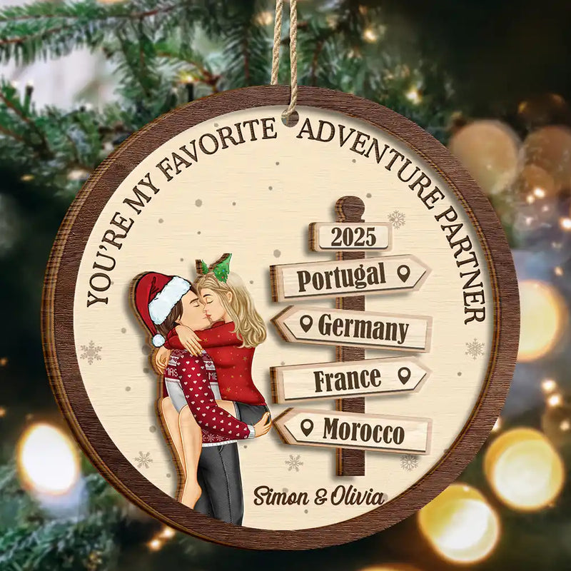 Christmas,Travel,Gift For Couples,Gift For Husband,Gift For Wife,Gift For Boyfriend,Gift For Girlfriend,Happy - My Favorite Adventure Partner Couple - Personalized 2-Layered Wooden Ornament