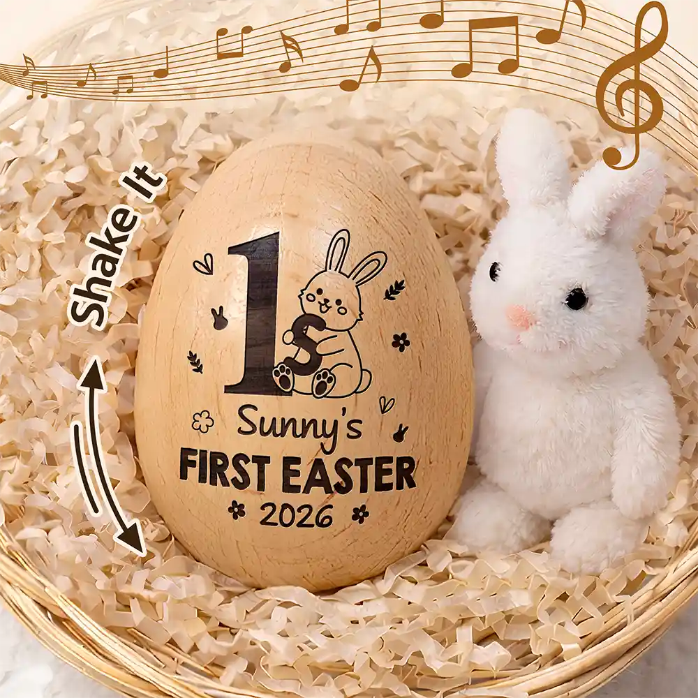 Easter,New baby,Dad - Sons,Gift For Son,Mom - Sons,Gift For Daughter,Dad - Daughters (Young),Mom - Daughters (Young),Gift For Kids,Gift For Grandkids,Happy - My First Easter Monogram - Personalized Musical Wooden Easter Egg Shaker