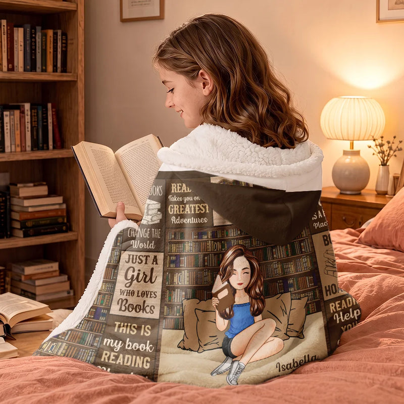 Reading, Gift For Yourself - My Reading Blanket Just A Girl Who Loves Books - Personalized Wearable Hooded Blanket
