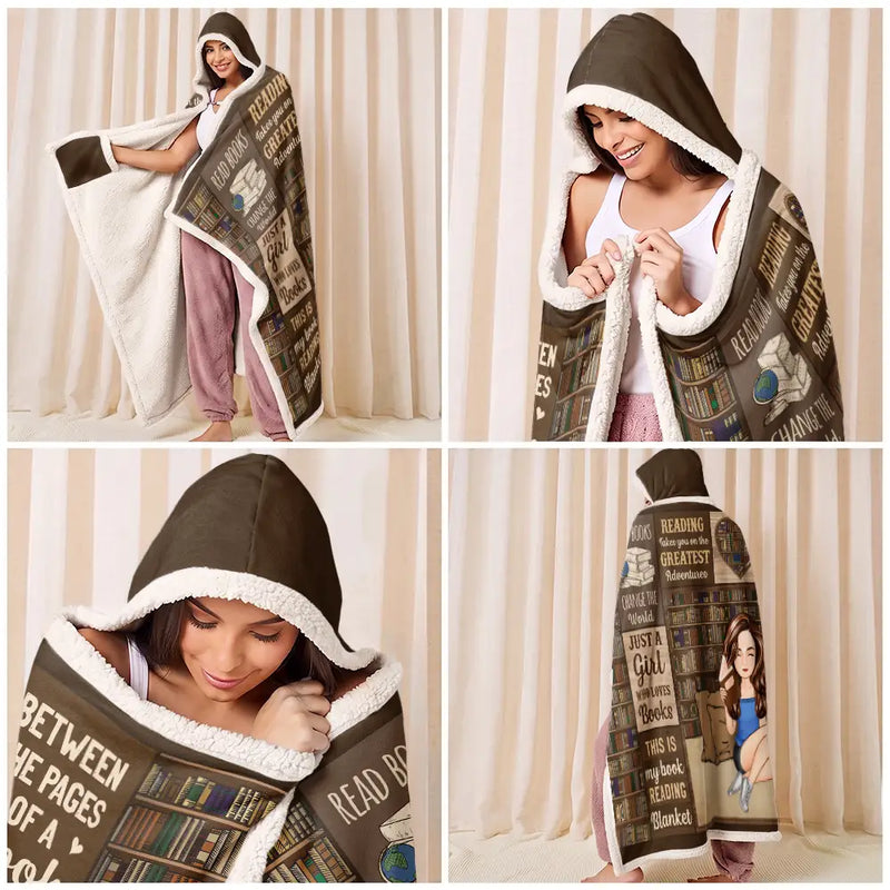 Reading, Gift For Yourself - My Reading Blanket Just A Girl Who Loves Books - Personalized Wearable Hooded Blanket
