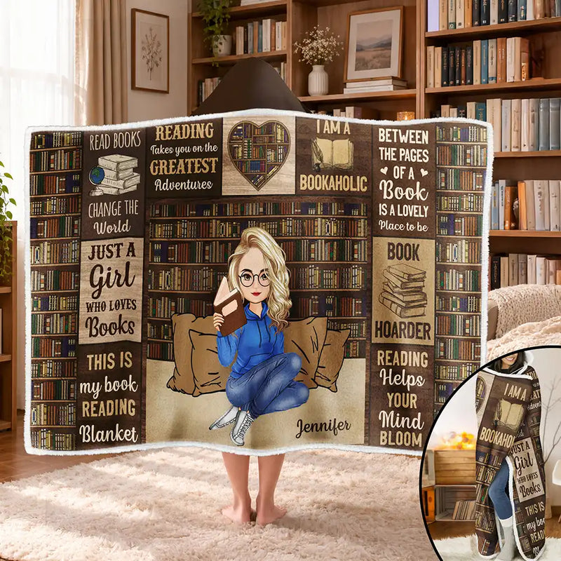 Reading, Gift For Yourself - My Reading Blanket Just A Girl Who Loves Books - Personalized Wearable Hooded Blanket
