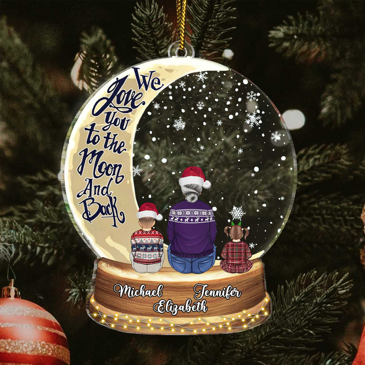 Snow Globe Love You To The Moon & Back - Christmas Gift For Grandma, Mother, Granddaughter, Grandson, Kids - Personalized Custom Shaped Acrylic Ornament