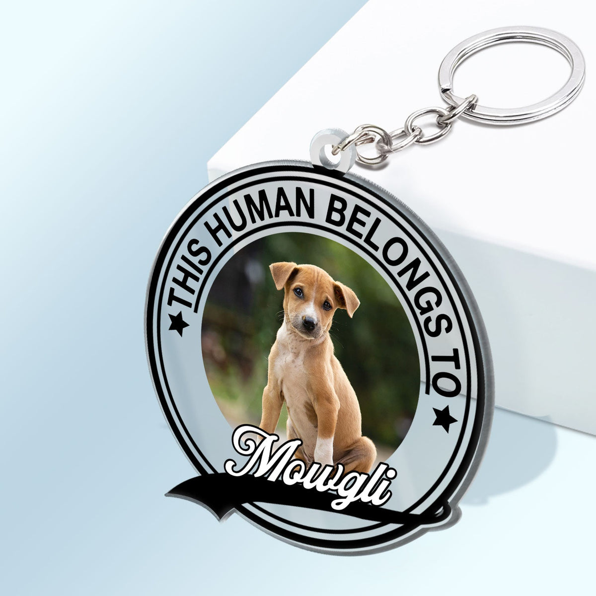 Custom Photo Dog Cat This Human Belongs To - Gift For Pet Lovers - Personalized Acrylic Keychain