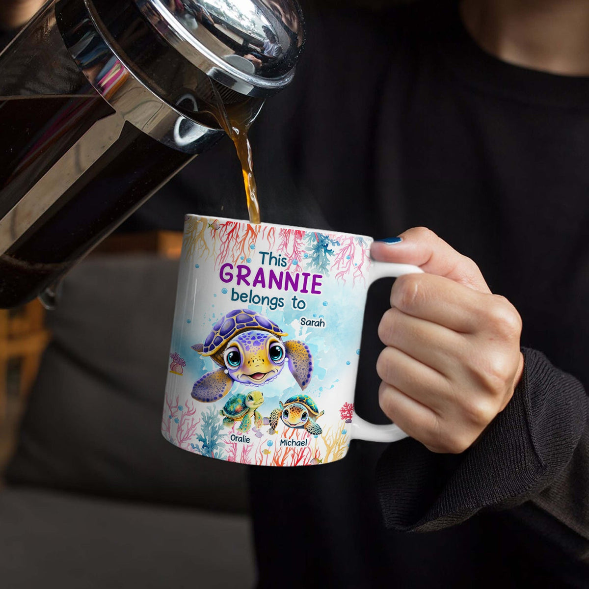 This Grandma Belongs To Cute Ocean Turtles - Gift For Grandmother, Mother, Mom - Personalized White Edge-to-Edge Mug