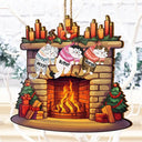 Funny Cats Hanging On Christmas Fireplace - Personalized Custom Shaped Wooden Ornament