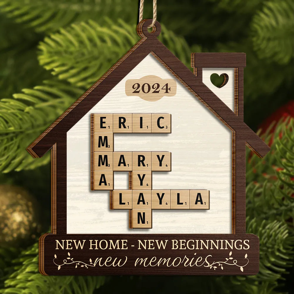 New Home New Beginnings New Memories Crossword Scrabble - Personalized 2-Layered Wooden Ornament
