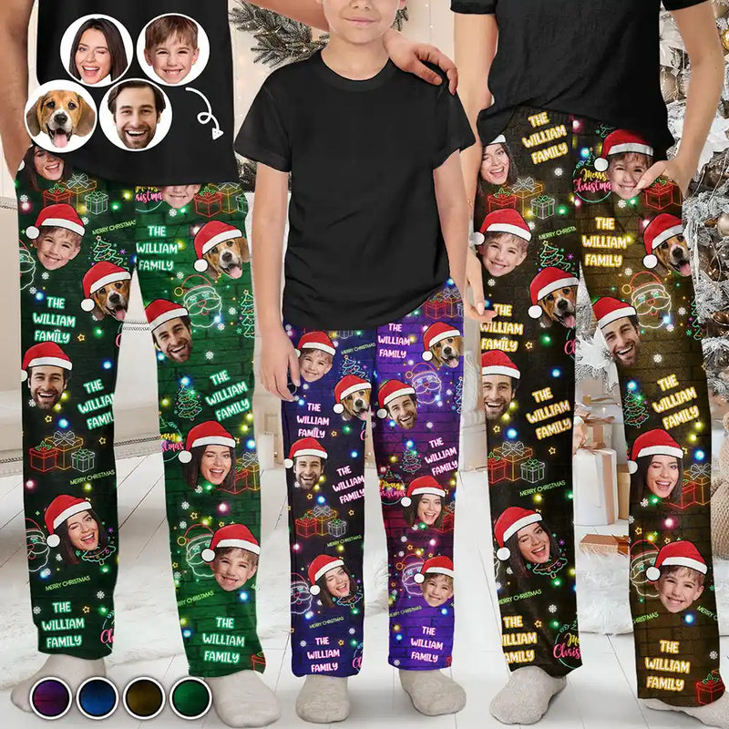 Family, Gift For Kids, Pet Lovers, Dog Lovers, Cat Lovers - Custom Photo Funny Family Pet Face Neon Light Style - Personalized Pajama Pants