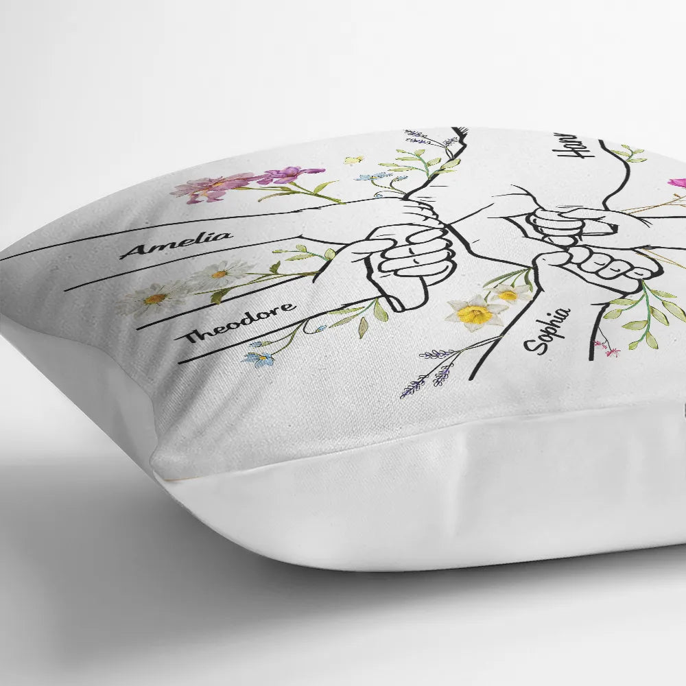 Gift For Grandma, Sentimental, Icon - Hand In Hand Birth Flower Mom Kid Nana Grandkid - Personalized Pillow