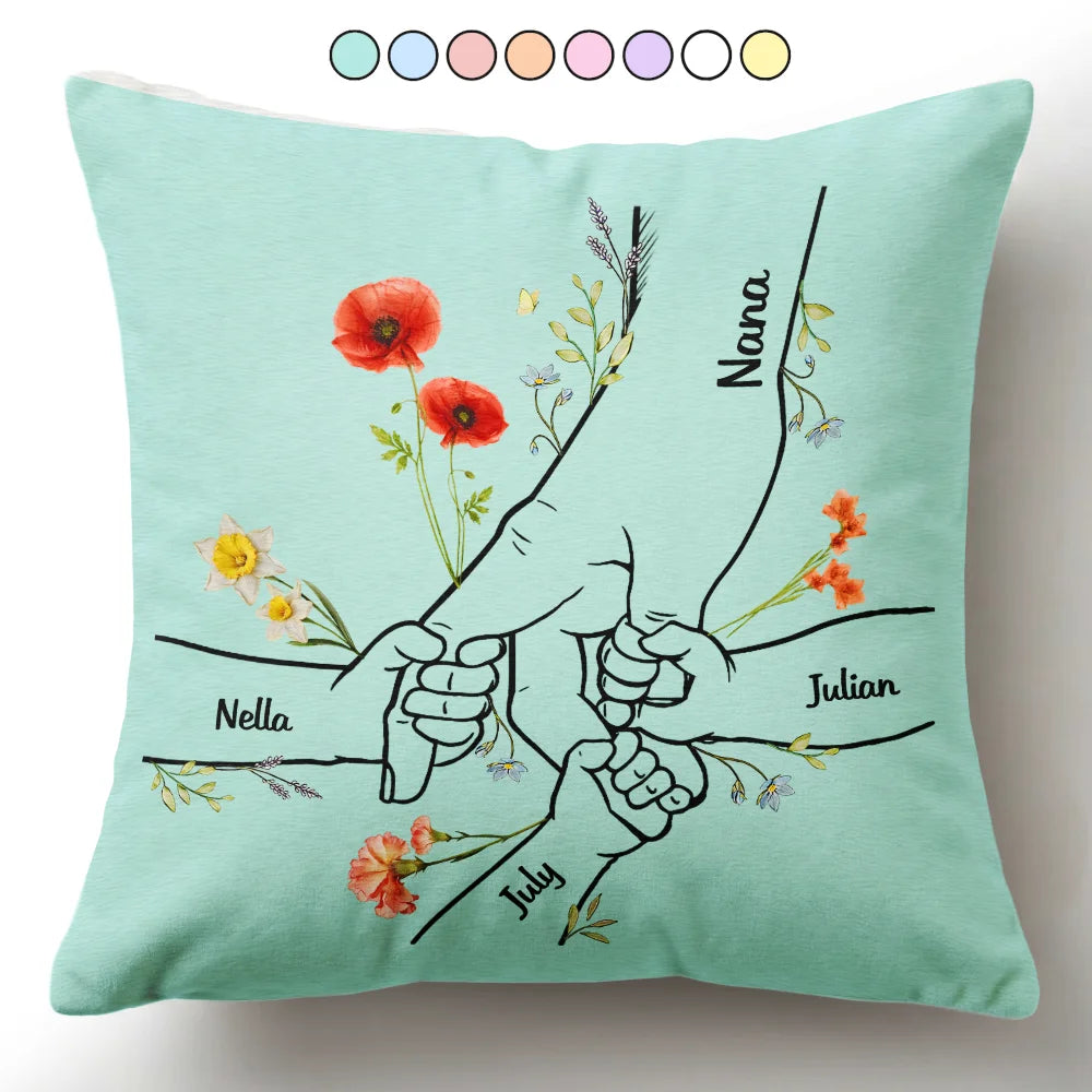 Hand In Hand Birth Flower Mom Kid Nana Grandkid - Personalized Pillow