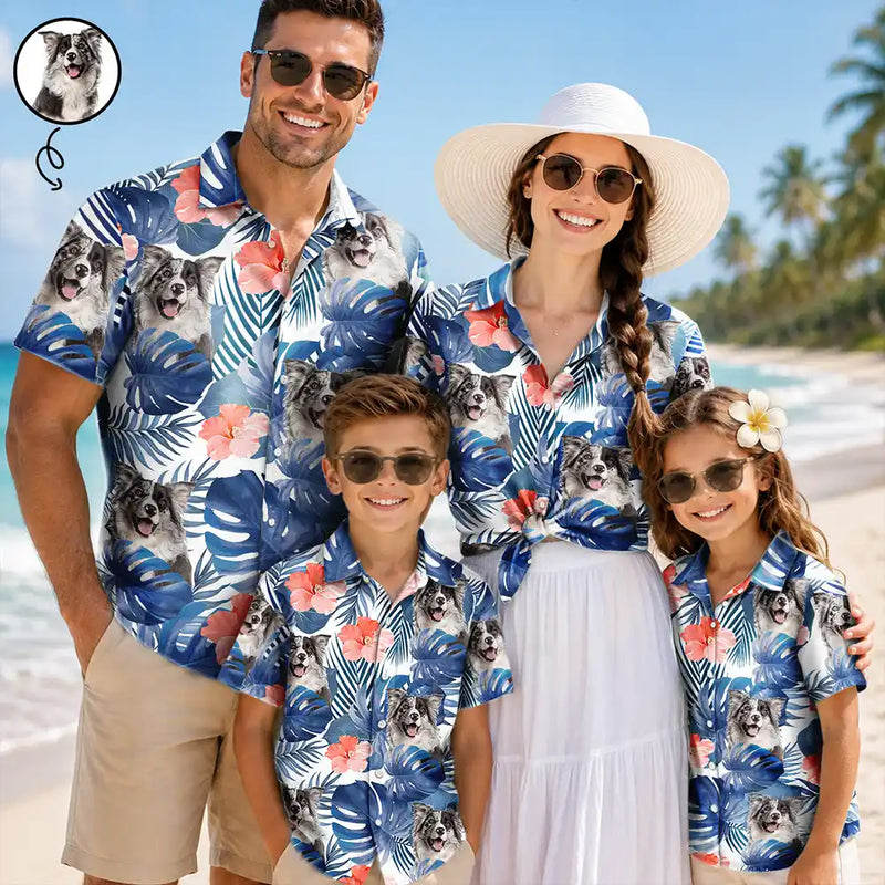 Custom Photo, Beach, Summer, Family, Playful, Remove BG Photo - Custom Photo Tropical Leaves Funny Family Pet Friend - Personalized Hawaiian Shirt