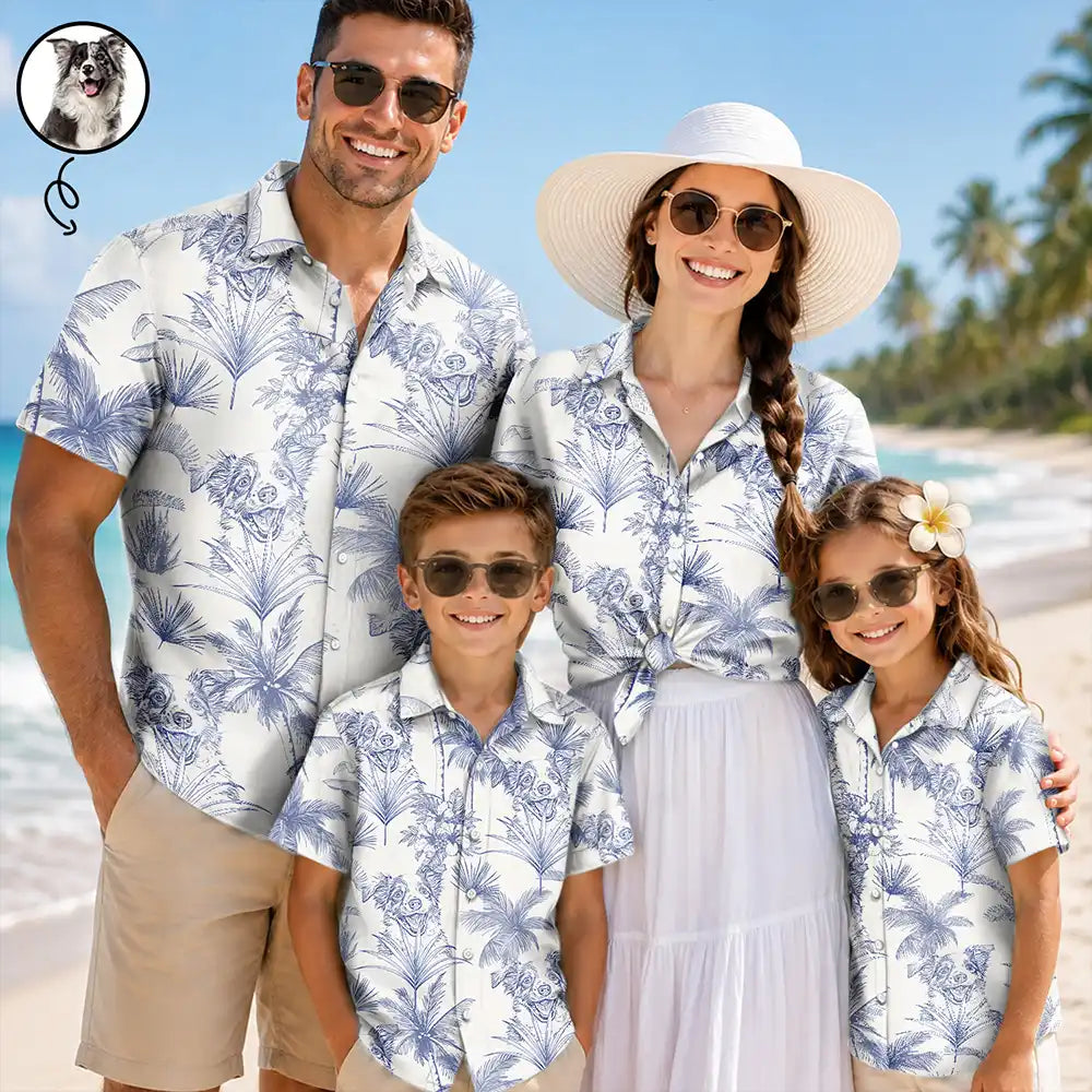 Custom Photo Pencil Sketch Toile De Jouy Pattern Family Pet Friend - Personalized Hawaiian Shirt