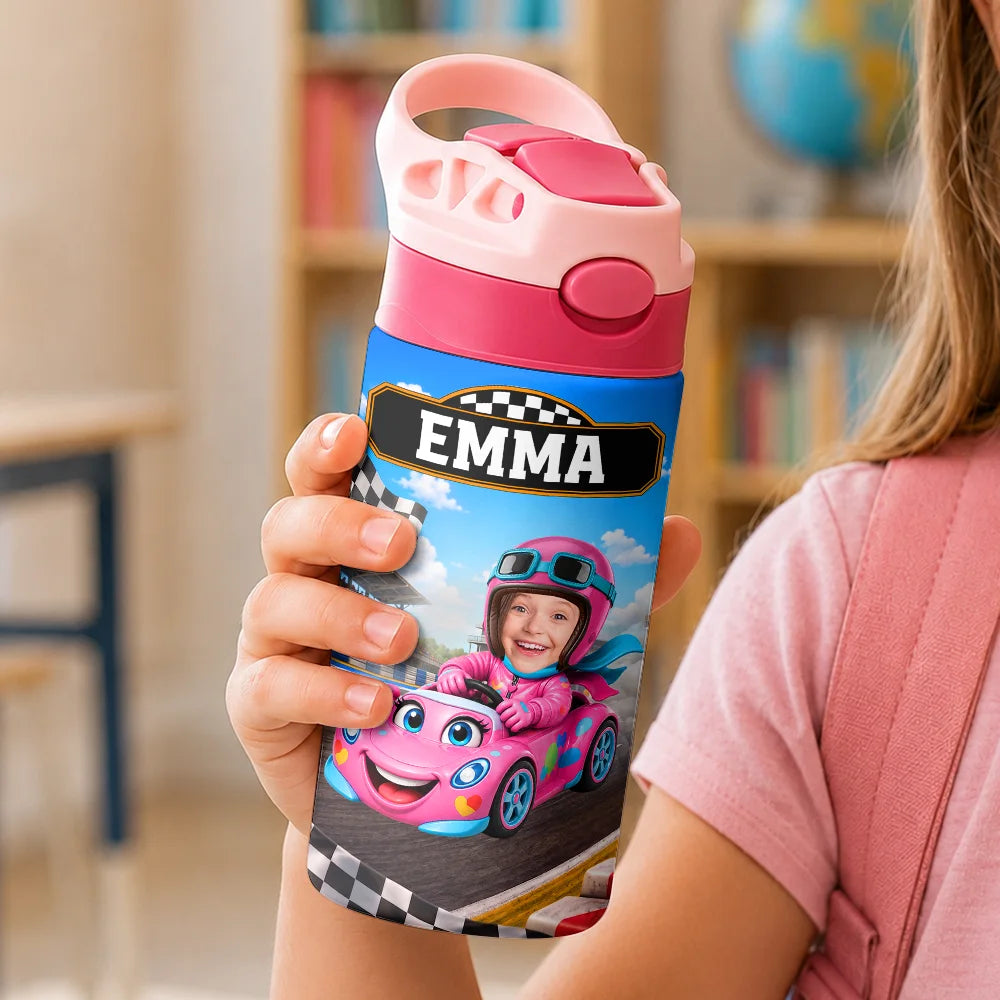 Adorable,Back To School,Custom Photo,Gift For Kids,Cut-Face Photo - Custom Photo Kid Car Racing - Personalized Insulated Water Bottle With Straw