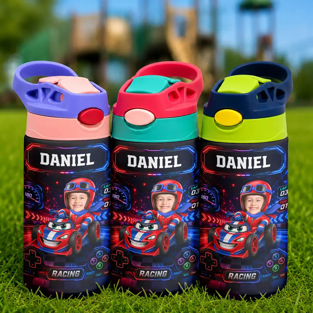 Adorable,Back To School,Custom Photo,Gift For Kids,Cut-Face Photo - Custom Photo Kid Car Racing - Personalized Insulated Water Bottle With Straw