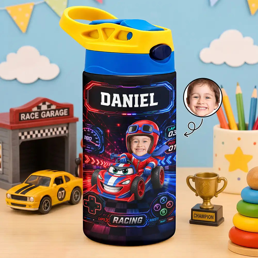 Custom Photo Kid Car Racing - Personalized Insulated Water Bottle With Straw