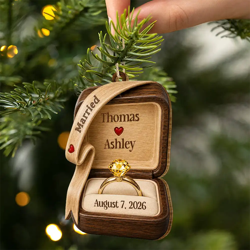 Christmas,Romantic,Gift For Couples,Icon - She Said Yes Engaged Married Wooden Effect Ring Box - Personalized Custom Shaped Wooden Ornament