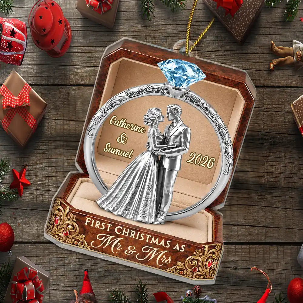 Christmas,Romantic,Gift For Couples,Icon - First Christmas As Mr & Mrs Wooden Effect Ring Box - Personalized Custom Shaped Acrylic Ornament