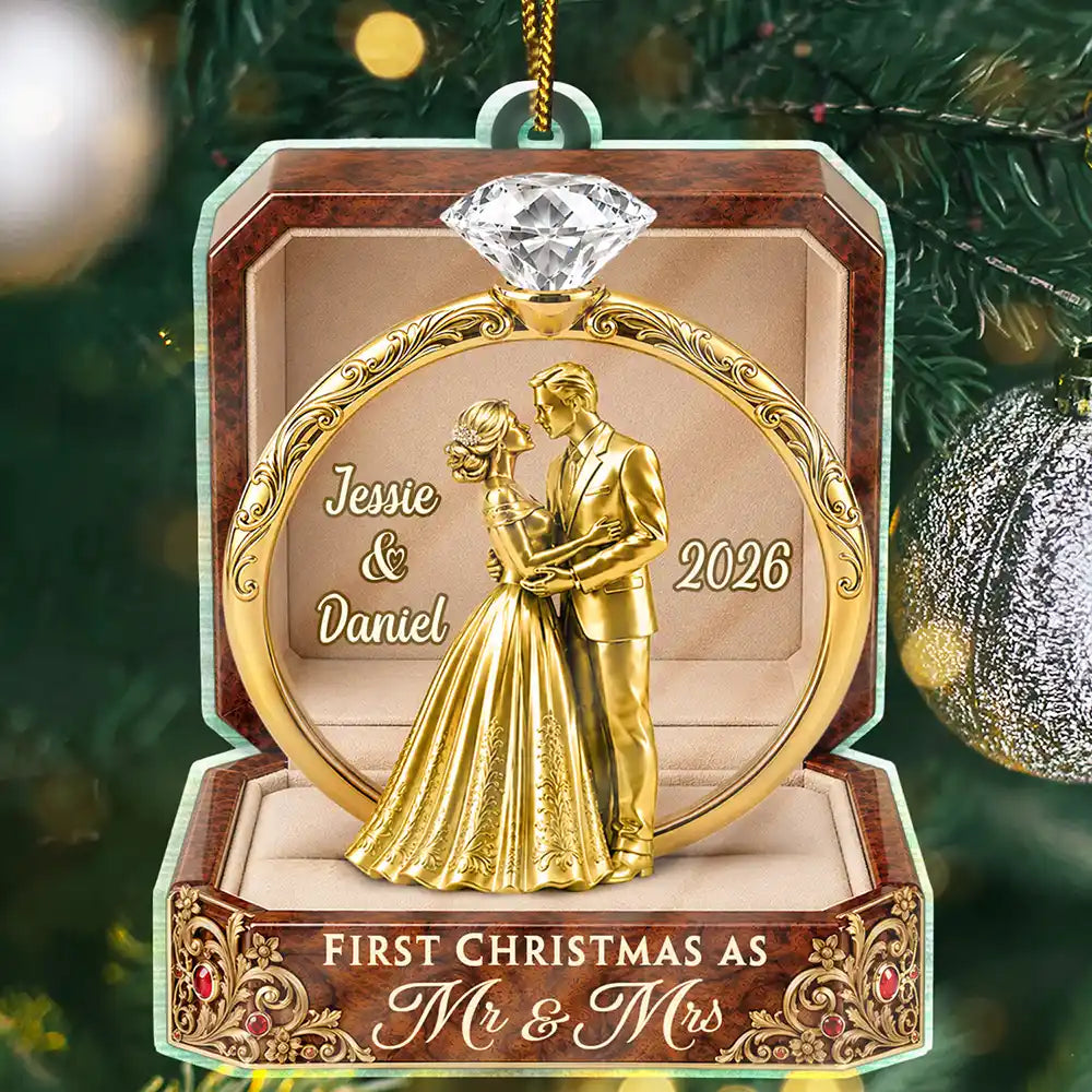 First Christmas As Mr & Mrs Wooden Effect Ring Box - Personalized Custom Shaped Acrylic Ornament