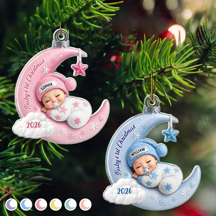Baby First Christmas Sleeping On The Moon - Personalized Custom Shaped Acrylic Ornament
