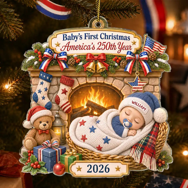Top Market,Adorable,Independence Day,New Mom,America 250th,Christmas,Gift For Mother,Vector - Baby First Christmas Fireplace America 250th Anniversary - Personalized Custom Shaped Acrylic Ornament