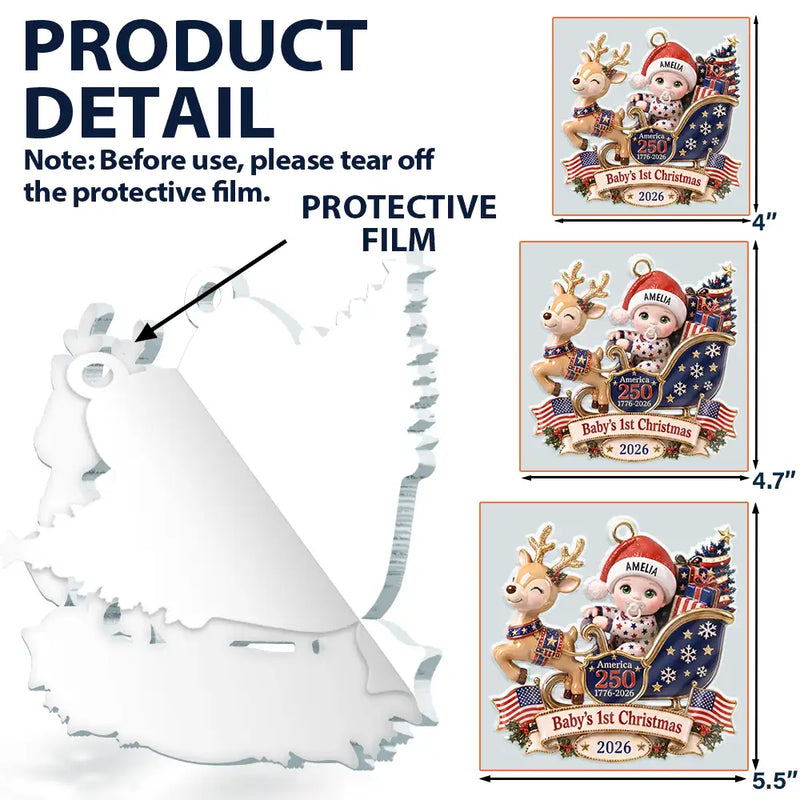 Adorable,Independence Day,New Mom,America 250th,Christmas,Gift For Mother,Vector - Baby's 1st Christmas In Sleigh America 250th Anniversary - Personalized Custom Shaped Acrylic Ornament