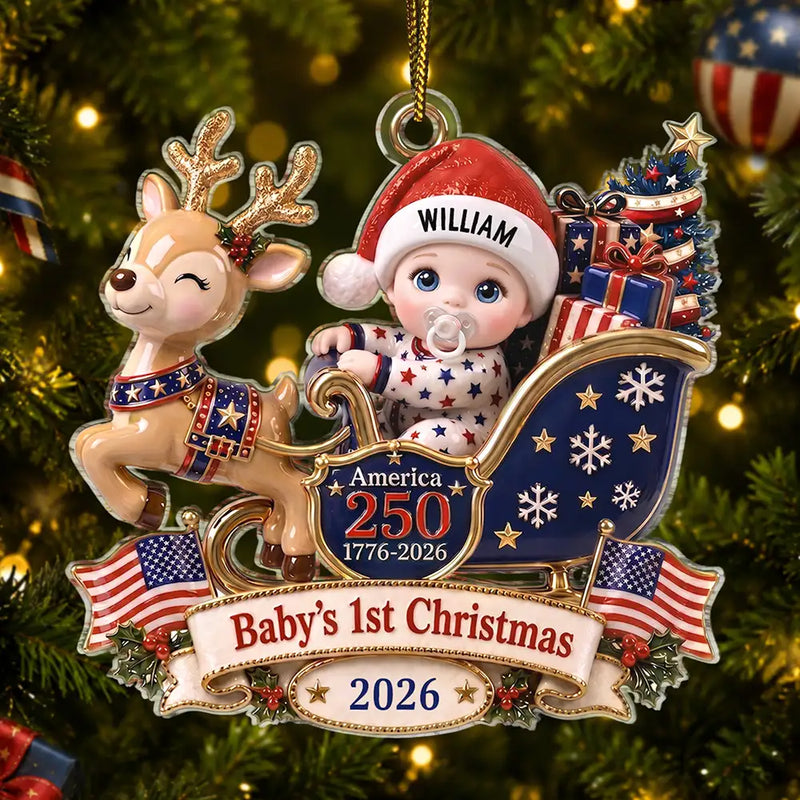 Adorable,Independence Day,New Mom,America 250th,Christmas,Gift For Mother,Vector - Baby's 1st Christmas In Sleigh America 250th Anniversary - Personalized Custom Shaped Acrylic Ornament