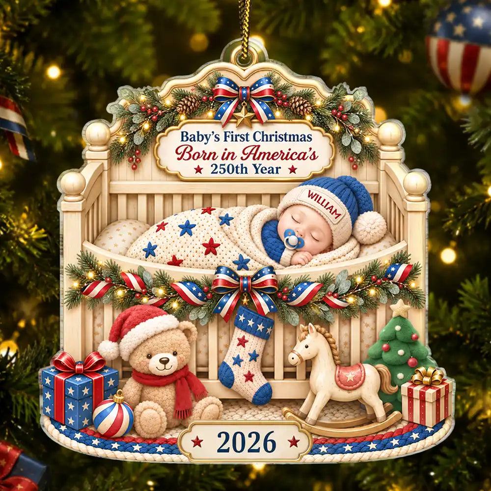 Top Market,Adorable,Independence Day,New Mom,America 250th,Christmas,Gift For Mother,Vector - First Christmas Baby Sleeping America 250th Anniversary - Personalized Custom Shaped Acrylic Ornament