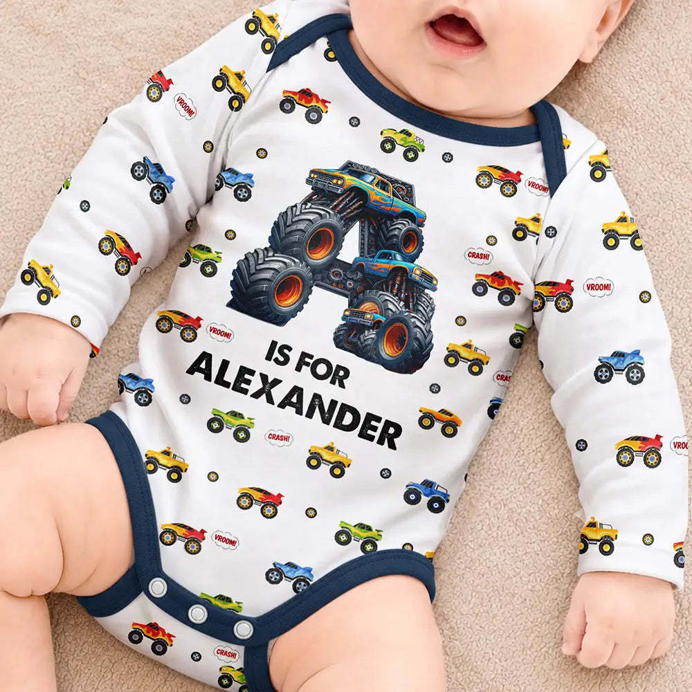 Adorable,Gift For Grandchildren,Gift For Grandson,Christmas,Gift For Grandkids,Icon - Custom Name Monster Truck Baby Boy Gift For Grandson Son Nephew - Personalized Baby Bodysuit
