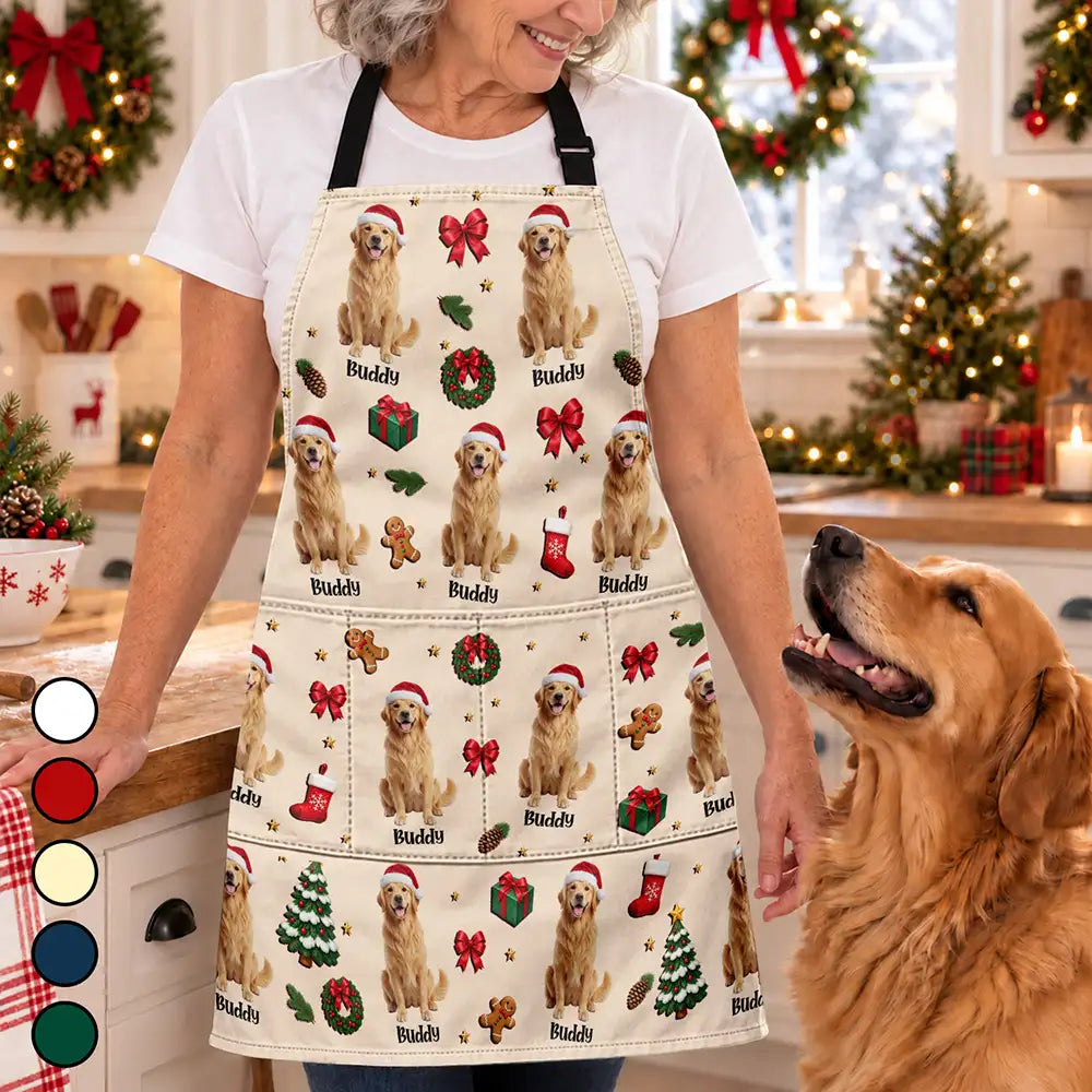 Christmas Gift For Pet Mom - Personalized Custom Photo Pet Name Festive Pattern Apron