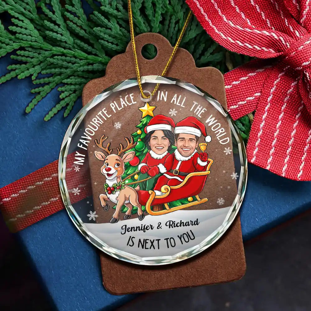 Art Design,Christmas,Custom Photo,Gift For Couples,Humorous,Old Couples,Photo - Christmas Character Cosplay Couple  - Funny Christmas Gift For Couples - Personalized Custom Photo My Favorite Place In All The World Circle Glass Ornament