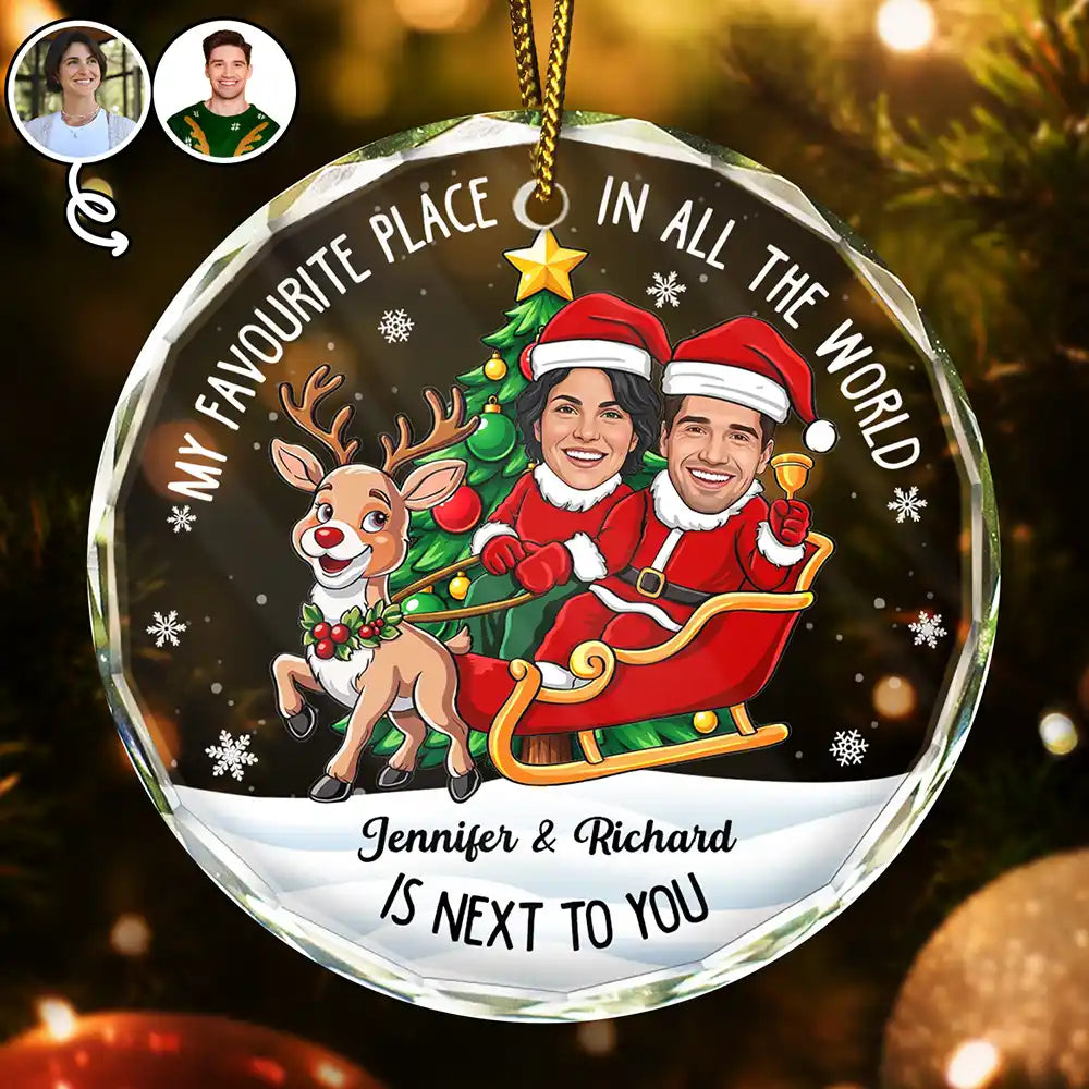 Art Design,Christmas,Custom Photo,Gift For Couples,Humorous,Old Couples,Photo - Christmas Character Cosplay Couple  - Funny Christmas Gift For Couples - Personalized Custom Photo My Favorite Place In All The World Circle Glass Ornament